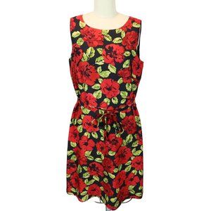 TALBOTS Pure Silk Red Rose Floral Belted Sheath Dress Size 10p Brunch Valentines
